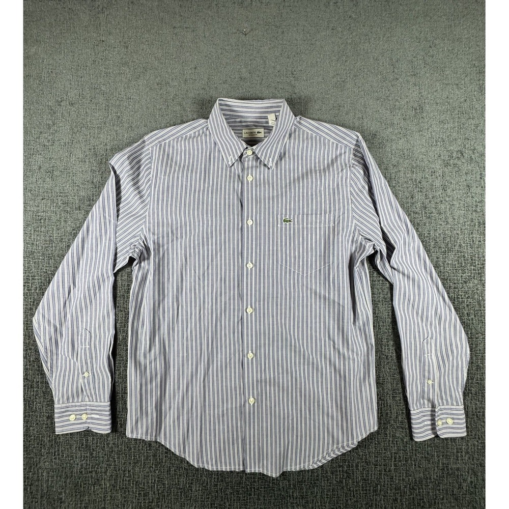 Lacoste Button Up Shirt Men Size 42 Reg Fit Gray Blue Long Sleeve Striped